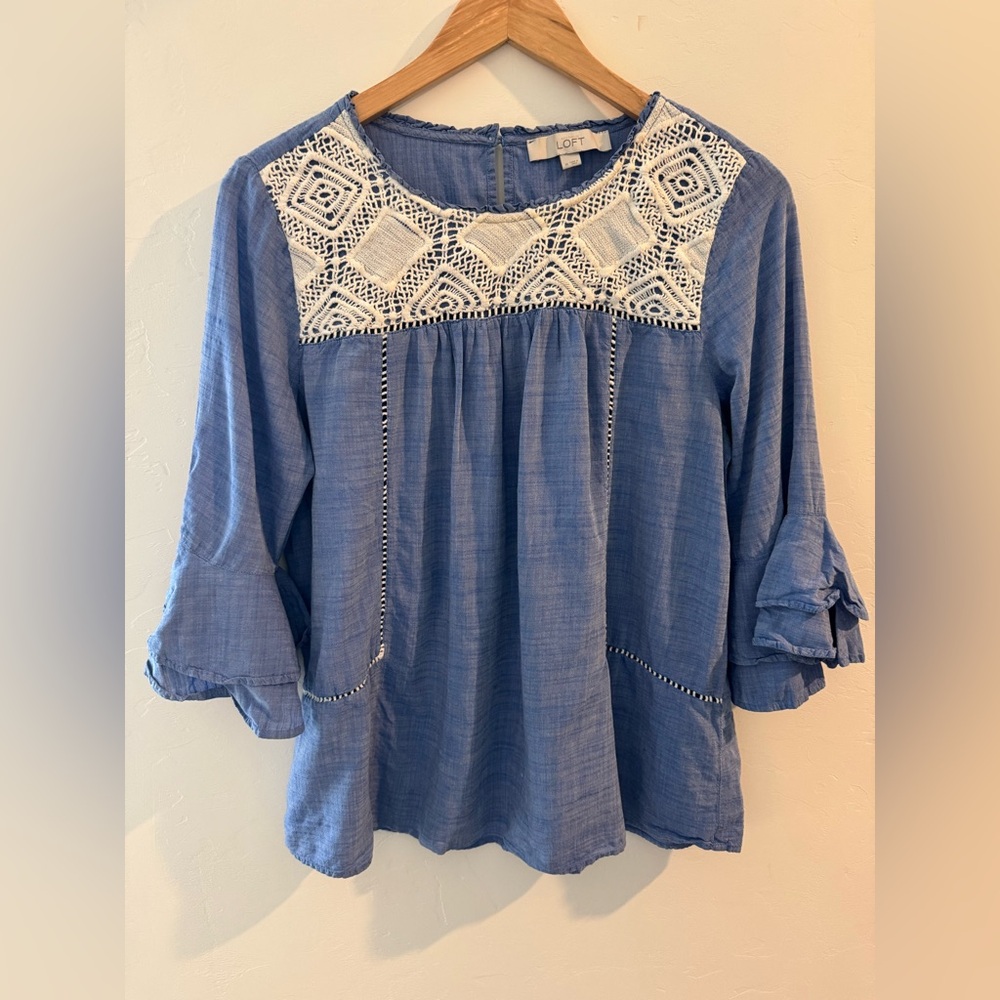 LOFT Blue Blouse with White Lace Accents